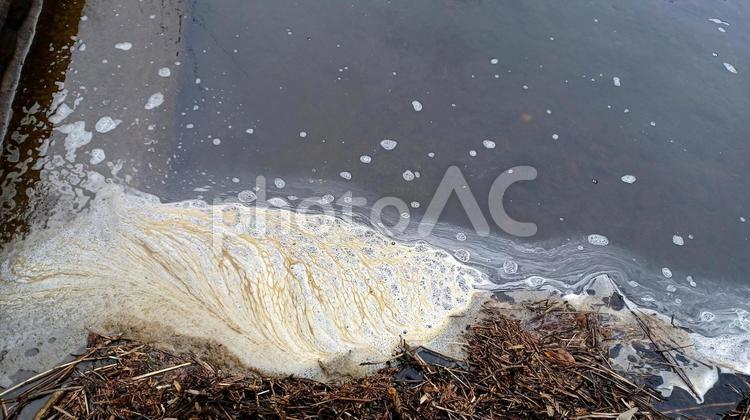 川の橋の縁にできてた、茶色いあわあわ 川,泡,茶色の写真素材