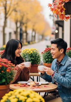 紅葉シーズンにテラスでお茶を飲むカップルの写真