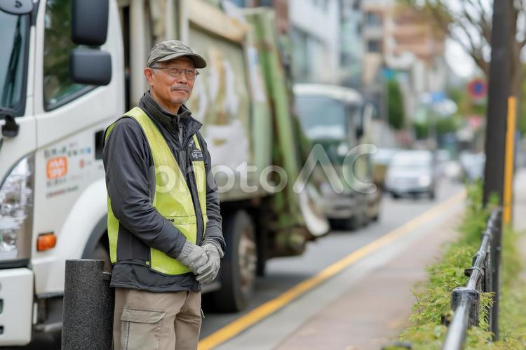 ごみ収集の職員とゴミ収集車 ごみ,収集,収集車の写真素材