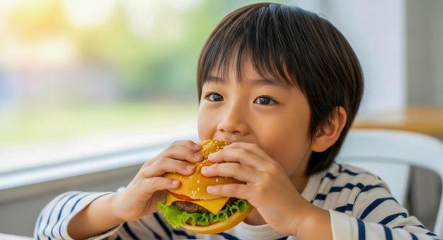 ハンバーガーを食べる笑顔の男の子 ハンバーガーを食べる笑顔の男の子の写真