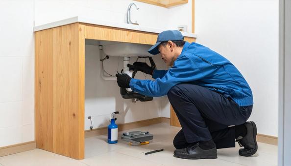 シンク下の排水管をチェックする作業員の写真