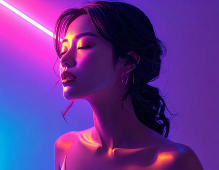 ネオンに包まれた女性の横顔 ネオンに包まれた女性の横顔の写真