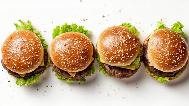 並べられた絶品ハンバーガー 並べられた絶品ハンバーガーの写真