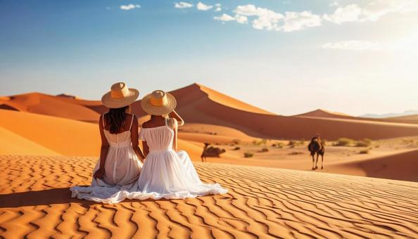 砂の砂漠に座る女性の後姿 砂の砂漠に座る女性の後姿の写真