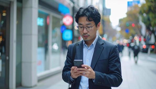 スマホを操作するビジネスマン スマホを操作するビジネスマンの写真