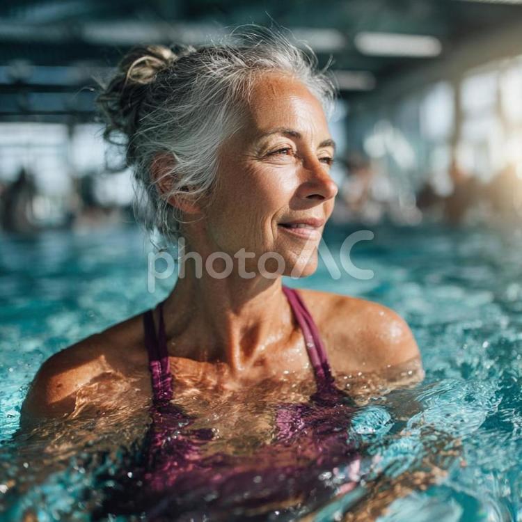 プールで運動するシニア女性の笑顔 シニア,女性,高齢の写真素材