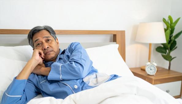 憂鬱そうに横になるパジャマ姿の中年男性の写真