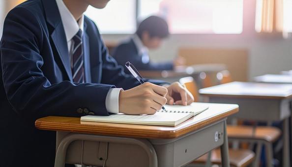 授業中にノートに記入する男子学生 授業中にノートに記入する男子学生の写真
