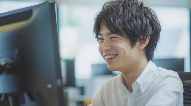 A man looking at a computer with joy, male, computer, businessman, JPG