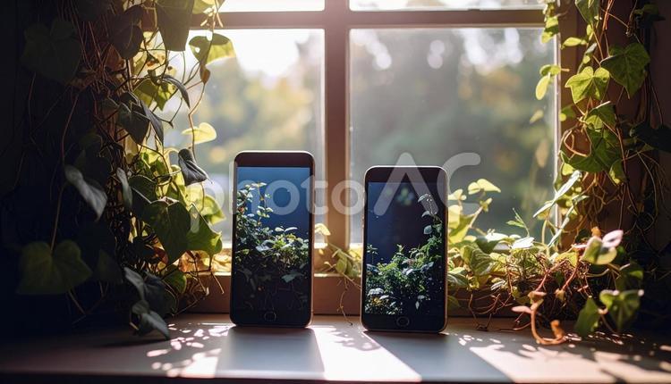 連絡交換のイメージ　机の上の携帯電話二台 連絡,交換,アドレスの写真素材
