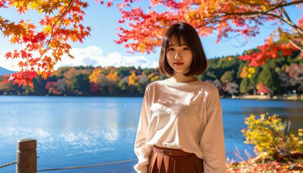 紅葉が綺麗な湖畔での写真