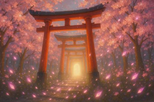 桜舞う幻想的な鳥居 桜舞う幻想的な鳥居の写真