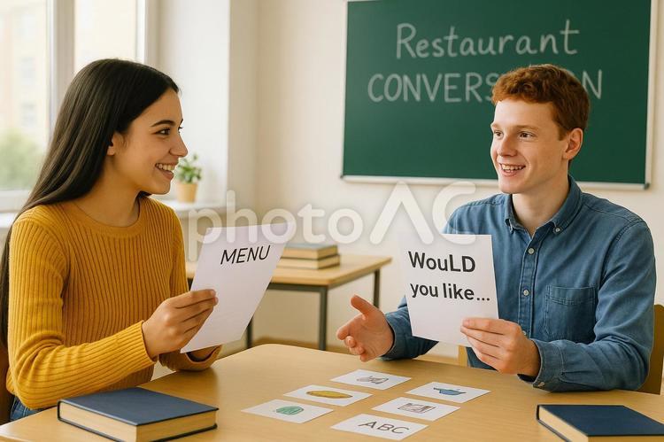 英語でレストラン会話練習 学生,英語,授業の写真素材