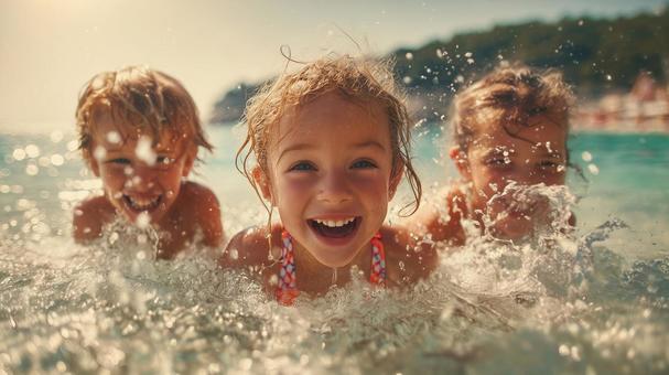 海で遊ぶ笑顔の子供たち 海で遊ぶ笑顔の子供たちの写真