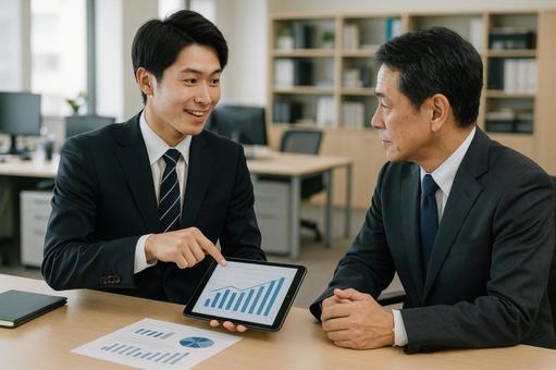 上司へ報告する社員 上司へ報告する社員の写真