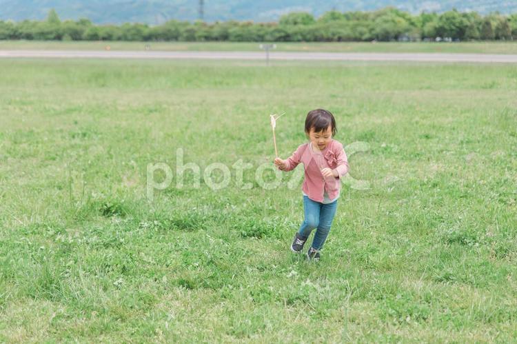 広い公園でおもちゃを持って走り回る子供 子供,女の子,走るの写真素材