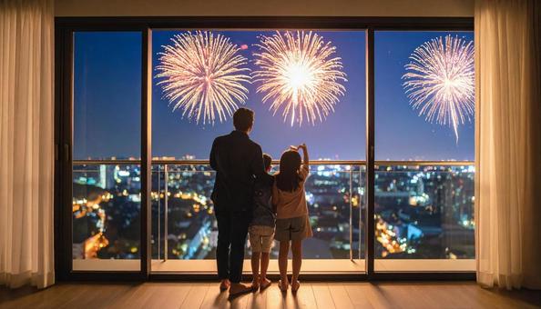 マンションの窓辺から打花火を見上げる家族 マンションの窓辺から打花火を見上げる家族の写真