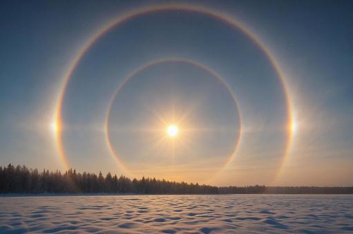 太陽を囲む光の輪、幻日環と環水平アークの写真