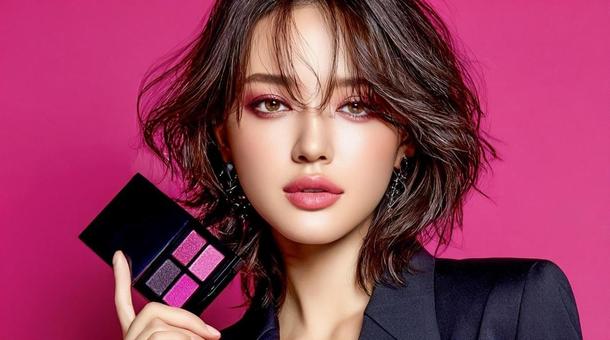 コスメ広告風の女性が持つアイシャドウ コスメ広告風の女性が持つアイシャドウの写真