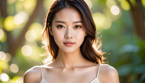 カメラ目線の夏の女性 カメラ目線の夏の女性の写真