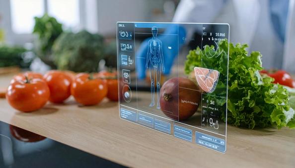 キッチンにホログラム　食材の接写の写真