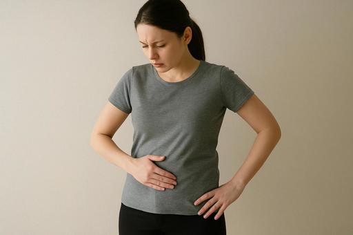 腹痛に悩む女性、体調不良のサイン 腹痛に悩む女性、体調不良のサインの写真