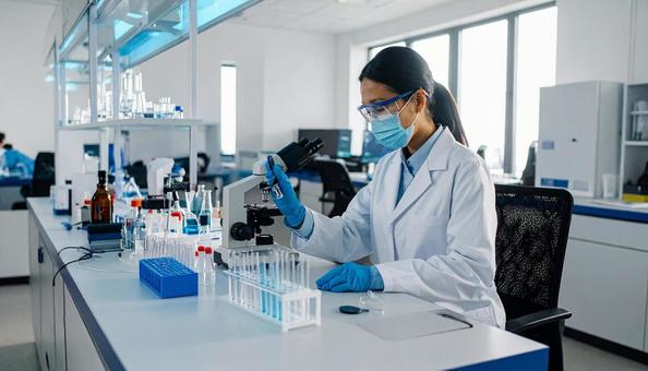 Researcher looking through a microscope in a laboratory , researcher, professional laboratory, research room, JPG
