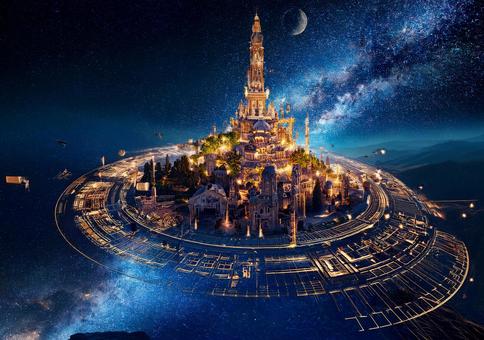 夜空に輝く浮遊都市の遺構の写真