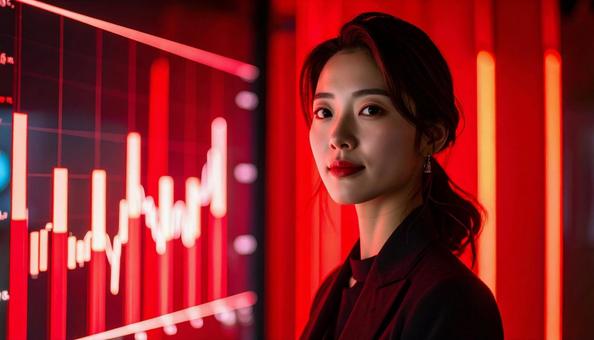 ディルプレイのチャートの前に立つ女性社員 ディルプレイのチャートの前に立つ女性社員の写真