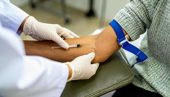 健康診断で血液検査の為血液採取される女性の写真