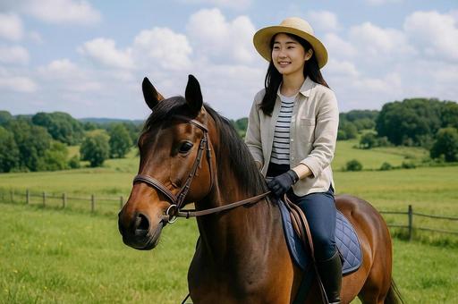 乗馬をする日本人女性 乗馬をする日本人女性の写真