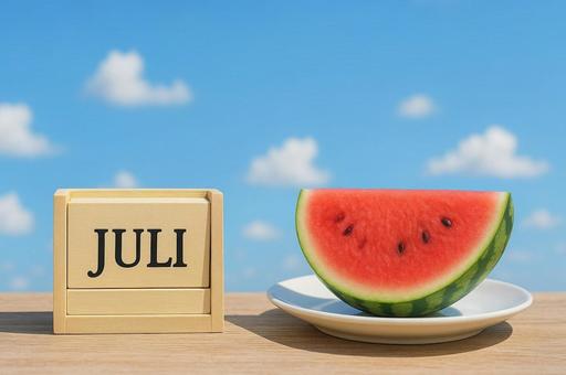 7月らしい空とスイカ・夏休み・暑中見舞いの写真