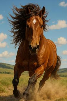 草原を駆け抜ける栗毛の馬の写真