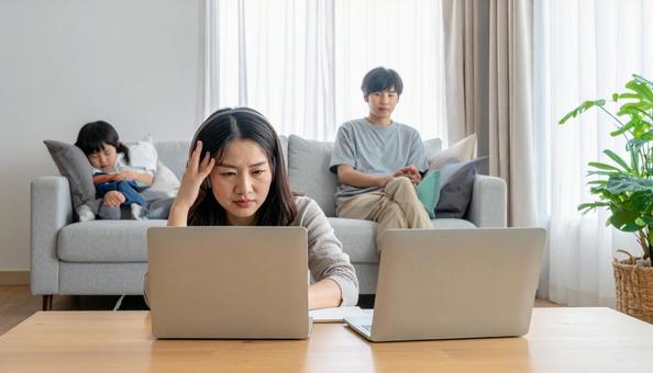 自宅でくつろぐファミリーの写真