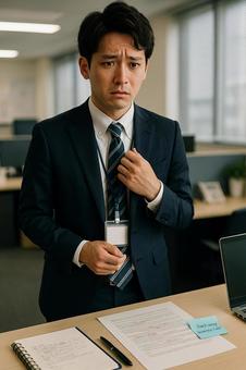 オフィスで不安そうな男性社員 オフィスで不安そうな男性社員の写真