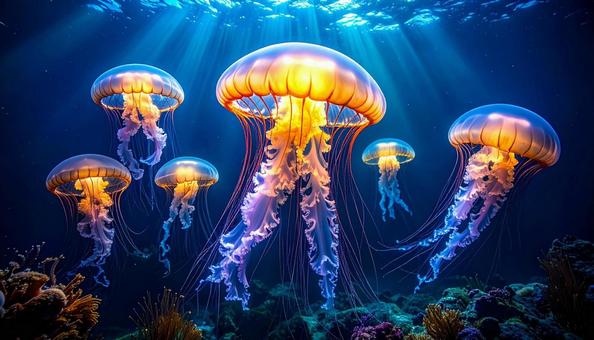 光に照らされた幻想的なクラゲの舞 光に照らされた幻想的なクラゲの舞の写真