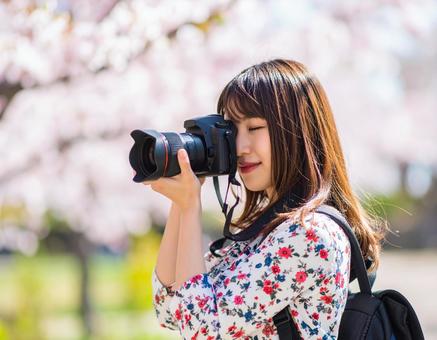春の風景を撮影するカメラ女子 春の風景を撮影するカメラ女子の写真
