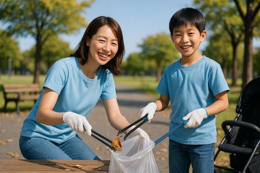 ゴミ拾いをする親子 ゴミ拾いをする親子の写真
