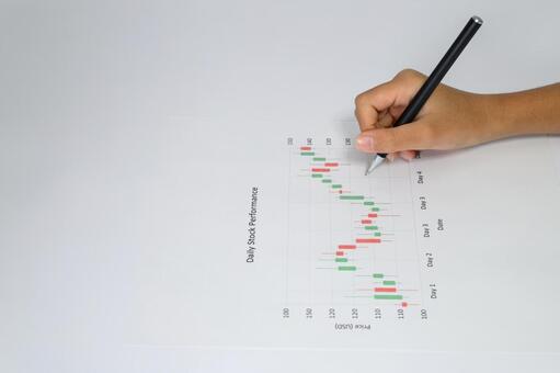 日々の株価パフォーマンスを分析する手元 ローソク足,株,グラフの写真素材