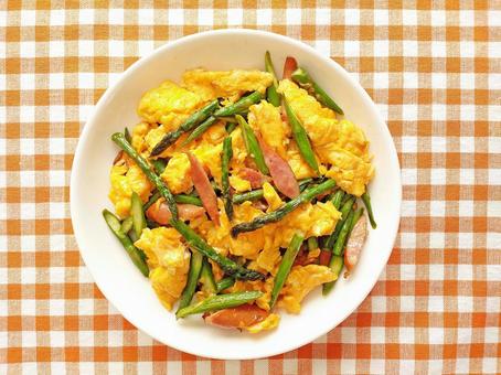 Asparagus and sausage fried with eggs, top view, JPG
