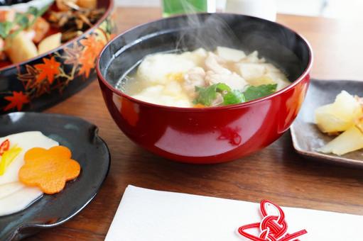 正月のお節料理の食卓風景 お雑煮,おせち,手作りの写真素材