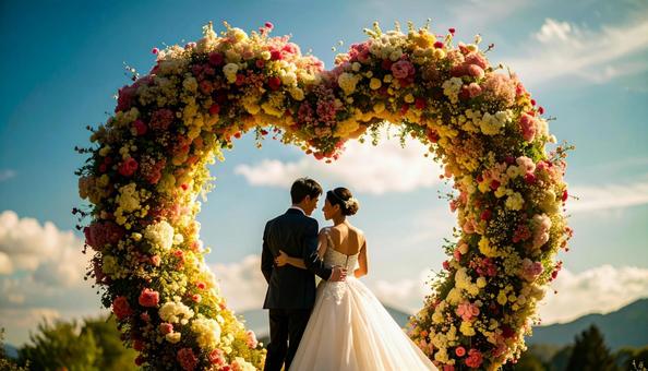 ハート形の花のアーチの前の新郎新婦 ハート形の花のアーチの前の新郎新婦の写真