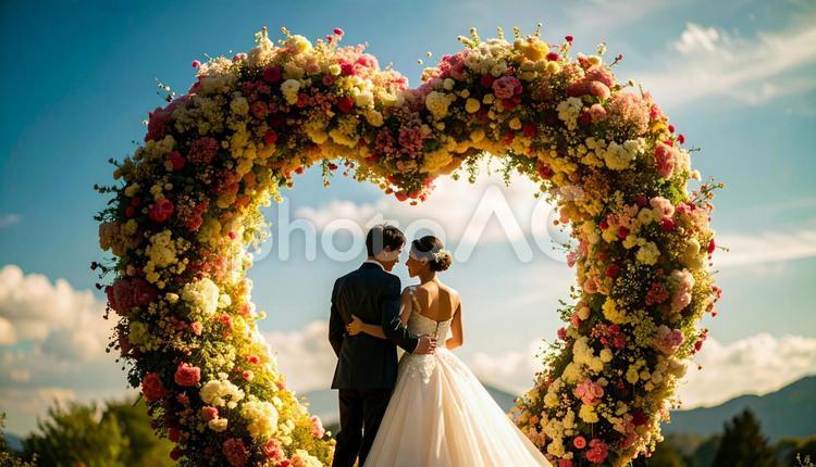ハート形の花のアーチの前の新郎新婦 ウエディング,アーチ,デコレーションの写真素材