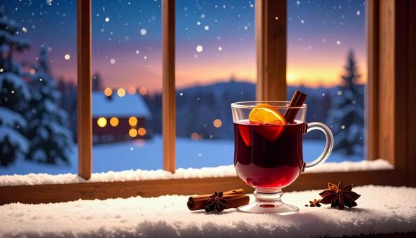 雪の降る窓辺の紅茶、ホットワイン 雪の降る窓辺の紅茶、ホットワインの写真