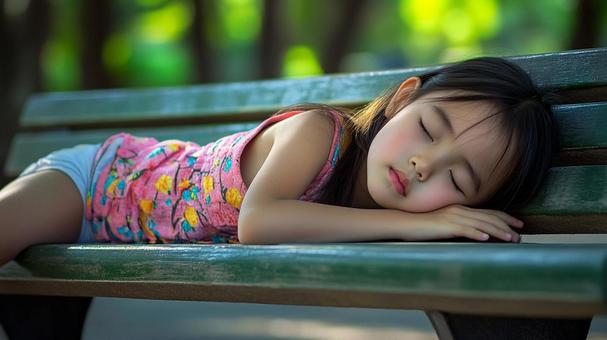 ベンチで居眠りする女の子 ベンチで居眠りする女の子の写真