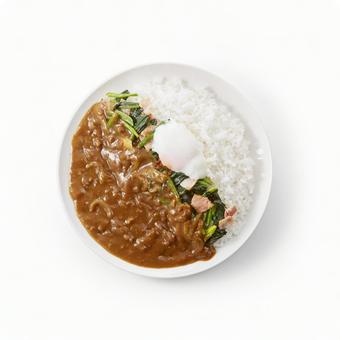 カレーライス ほうれん草と玉子トッピング カレーライス ほうれん草と玉子トッピング カレーライス,ほうれん草,真俯瞰の写真素材