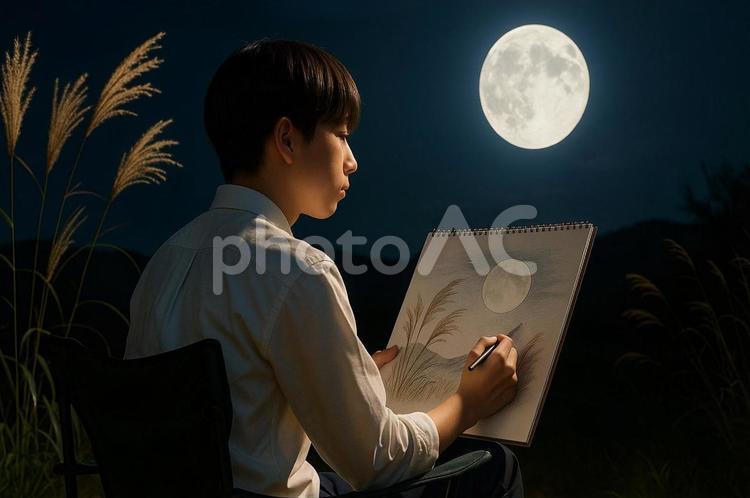 満月を描く夜のスケッチ・少年・創作活動 満月,夜のスケッチ,少年の写真素材