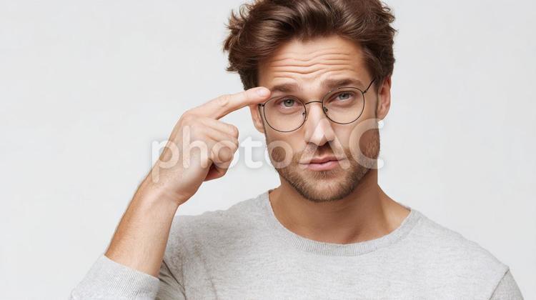 ”考えてるか？”とジェスチャーする男性 男性,外国人,ポートレートの写真素材