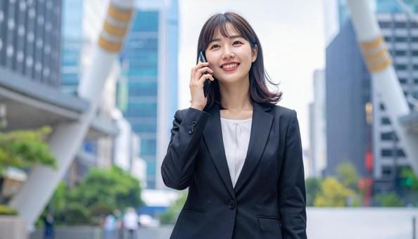 オフィス街で通話するビジネスウーマンの写真
