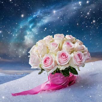 星空・雪上でブーケに包まれた白薔薇 星空・雪上でブーケに包まれた白薔薇の写真